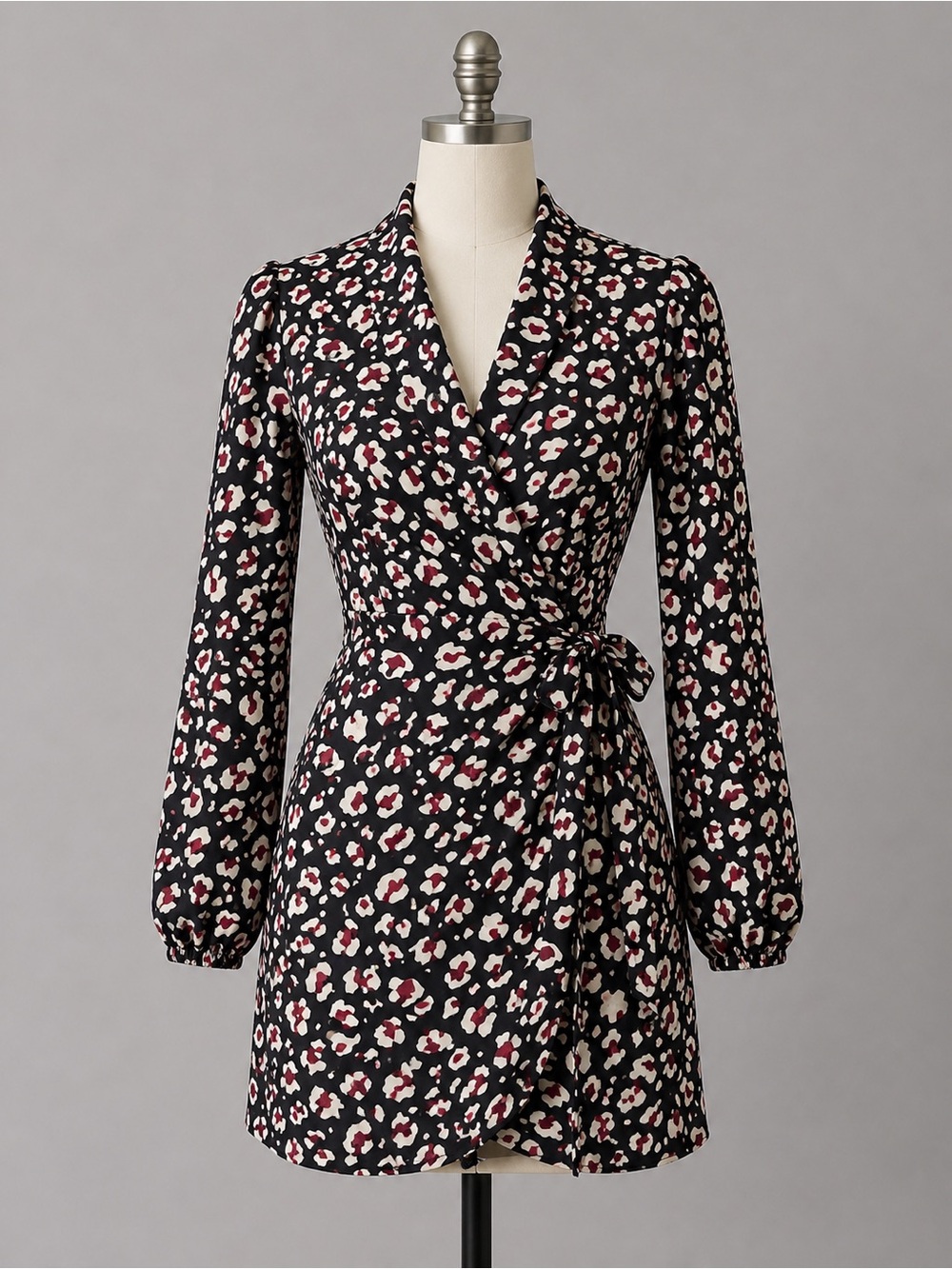 bishop + young Black Wrap Mini Dress with Cream and Red Floral Print